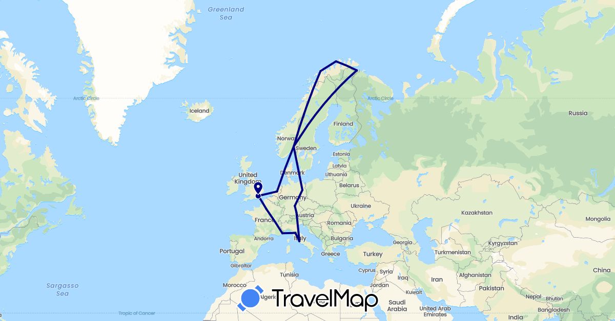 TravelMap itinerary: driving in Germany, France, United Kingdom, Italy, Netherlands, Norway (Europe)